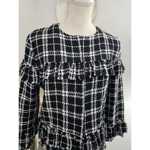 Storia Black White Tweed Raw Edge Open Front Crop Blazer Jacket - Picture 3 of 10
